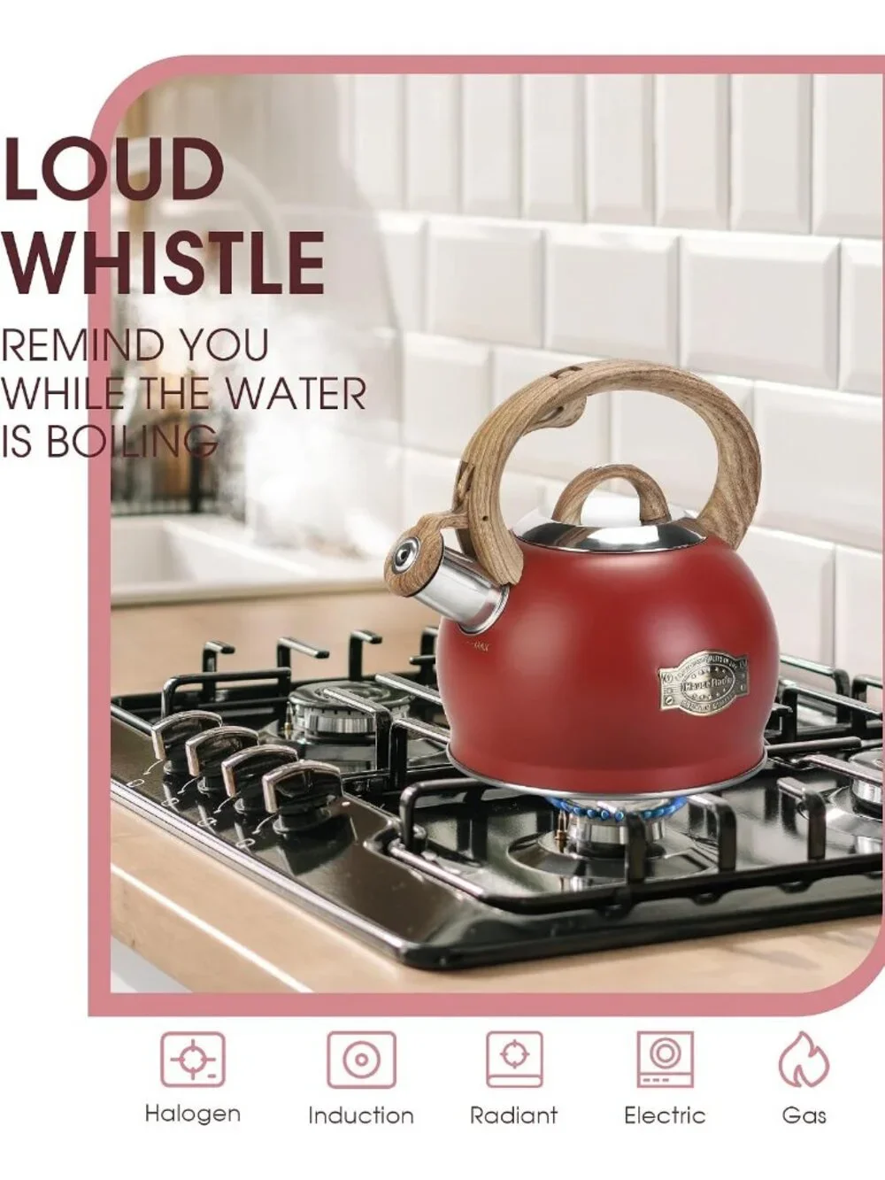 Red Whistling Tea kettles 2.1 Quart Stainless Steel Stovetop with Wood Handle